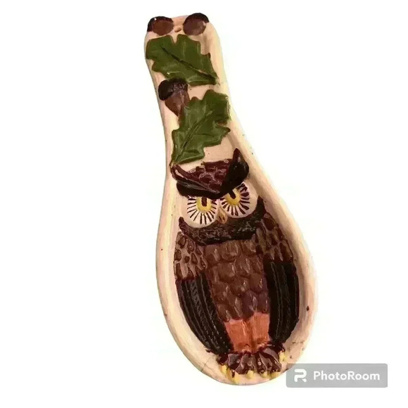 Vintage 80s Ceramic Owl Spoon Rest Kitschy Kitchen Wall Decor  Mid Century Decor - Picture 1 of 9